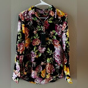 NWT Truth Republic Vibrant Black pink and yellow Floral collared Blouse